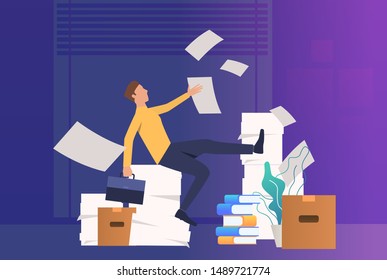 Office man doing paper work. Mess, paper piles, employer. Unorganized office work concept. Vector illustration for webpage, landing page