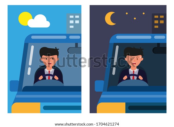 Office man driving car in morning and night. worker\
activities health fit and tired scene comparison cartoon flat\
illustration vector 