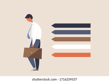 Office man, flat style vector illustration of office worker hold his bag and walking with blank box colorful. Concept of working, office work, salary man, business, finance 