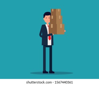 Office man is holding box. Vector illustration in cartoon style