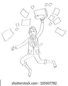 Office man jump with open bag with papers