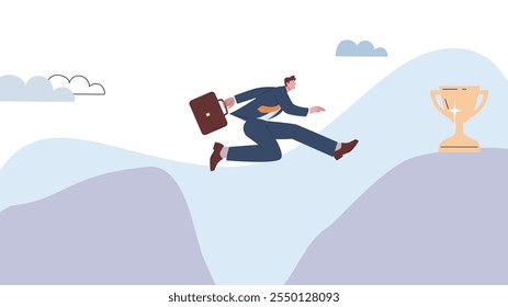 Office man jumps from mountain to mountain for golden cup. Over abyss businessman jump, business male character overcoming difficulties, vector concept