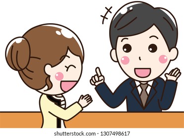 Office man and lady are talking about them works,Female talks about ask for details project and male gives anwser his question. This can use for advertising, poster and decorate your blog or website.