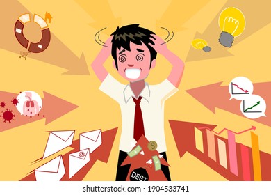 An office man look stressful because of a lot of task was sent to him. The concept art  of overload information from Email ,Economic, health, and data Analysis tool data moving on arrow direction.