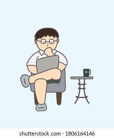 Office man looking at laptop, sitting, coffee shop, relax, thinking, vector flat art, illustration