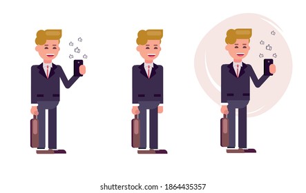 Office man looks into a smartphone. Social network. Communication on social networks. Flat vector illustration