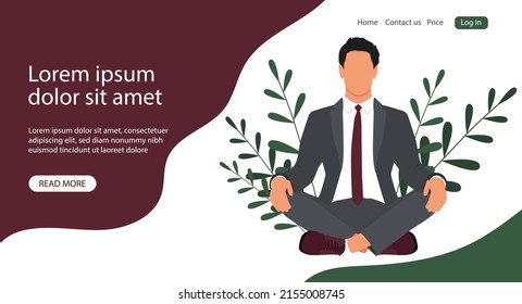 Office man meditate sitting on the table. Businessman relax concept. Vector banner design