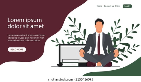 Office man meditate sitting on the table in the workplace. Businessman relax concept. Vector banner design