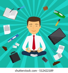 Office man meditation time card design. Vector illustration