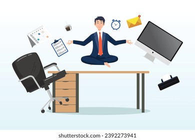 Office man mindfulness meditating on working desk levitate working stuff, employee well being, wellness, comfortable to work, project management or relax workplace, balance or productivity (Vector)