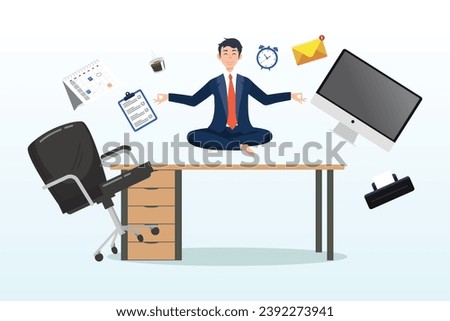 Office man mindfulness meditating on working desk levitate working stuff, employee well being, wellness, comfortable to work, project management or relax workplace, balance or productivity (Vector)
