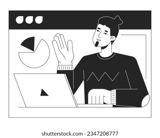 Office man in online meeting screen bw concept vector spot illustration. Male remote employee 2D cartoon flat line monochromatic character for web UI design. Editable isolated outline hero image