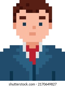 Office man pixel game style illustration. Businessman isolated on white background. Worker vector pixel art. 8 bit character icon.