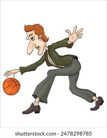 Office man playing basketball cartoon character, vector
