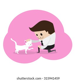 Office man playing with white cat