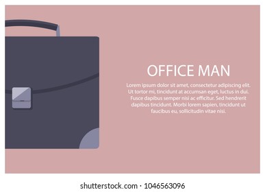 Office man, poster and briefcase of black color, text sample, and headline, frame and important information, suitcase of man, vector illustration
