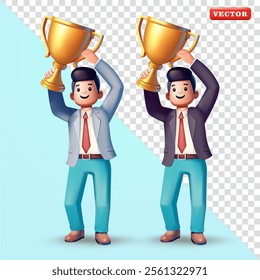 Office man raises trophy. 3d vector, Suitable for business, career and design elements