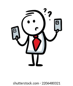 Office man in red tie try to select which mobile phone is better. Vector illustration of doodle character and modern technology.