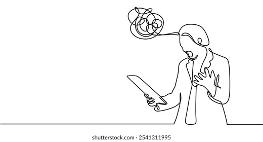 Office man represented with a messy head in a continuous one line drawing. Concept focused on psychology. Minimalist hand-drawn vector illustration.
