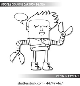 Office man with robot arm , Business man cartoon character , Doodle hand sketching