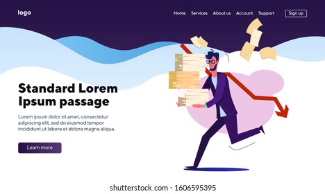 Office man running with piles of papers. Employee hurrying with documents flat vector illustration. Overworking, deadline, stressed business man concept for banner, website design or landing web page