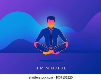 Office man sitting in calm lotus pose and relaxing with analytics graphs behind. Gradient line vector illustration of young people meditating and thinking about mindfulness after hard working day