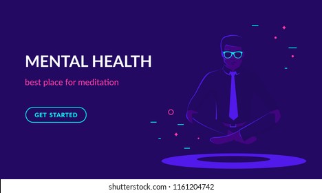 Office man sitting in calm lotus pose and meditating. Flat vector neon website template and landing page design of young people doing meditation and thinking about mindfulness after hard working day