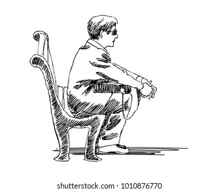 Office man sitting on a bench. Vector sketch.