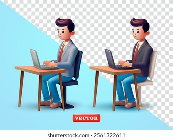 Office man sitting and working with laptop. 3d vector, Suitable for business, career and design elements