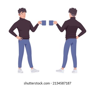 Office man standing with mug business casual look smart guy. Sporty chic office outfits young businessman. Vector flat style cartoon character set isolated on white background, front and rear view