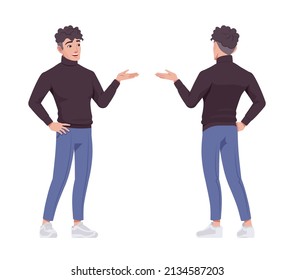 Office Man Standing Talk Pose Business Casual Look Smart Guy. Sporty Chic Office Outfits Young Businessman. Vector Flat Style Cartoon Character Set Isolated On White Background, Front And Rear View