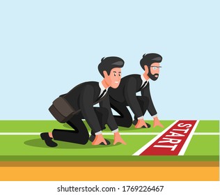 Office man in starting line ready to sprint running. business competition rivalry concept in cartoon illustration vector