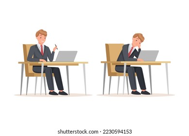 Office Man in Suit at Desk with Laptop Smiling and Feeling Sad Engaged in Workflow Vector Set