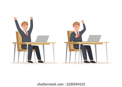 Office Man in Suit at Desk with Laptop Feeling Happy and Angry Engaged in Workflow Vector Set