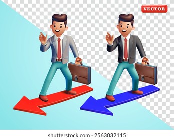 Office man surfing on arrows. 3d vector, Suitable for business, career and design elements