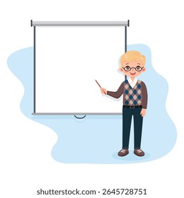 Office man teacher in glasses with pointer standing in front of interactive whiteboard on white background. Education concept. Poster, banner, template. Vector illustration in flat cartoon style