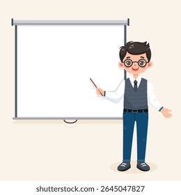 Profesor de hombre de oficina con puntero de pie frente a la pizarra interactiva sobre fondo claro. Carácter del concepto de Educación. Cartel, Anuncio, Plantilla. Ilustración vectorial en estilo plano de dibujos animados