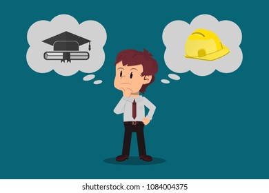 An office man thinks about what to invest his time, whether to study a career or work in an engineering position. Concept of personal development