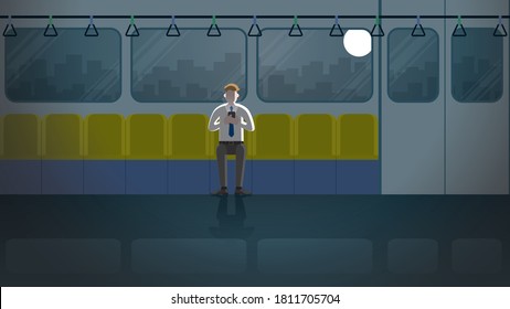 Office man use smart phone in public transportation. Alone in the dark and light from full moon. Lonely people in the city. Lifestyle of work overtime and overwork. Idea illustration concept scene.