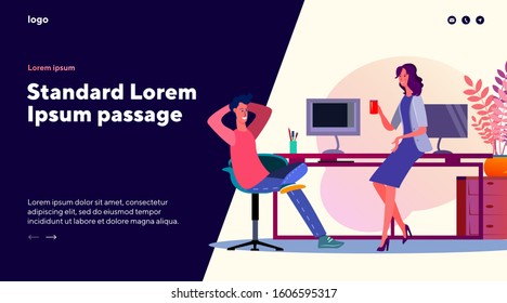 Office man and woman chatting at desk. Two colleagues talking at coffee break flat vector illustration. Communication and discussion, networking concept for banner, website design or landing web page