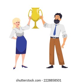 Office man and woman holding golden cup together flat style, vector illustration isolated on white background. Winner people, teamwork, success. Competition and victory