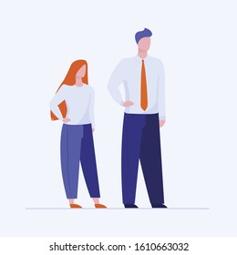 Office man and woman standing holding hands on waist. Office staff posing flat vector illustration. Confident business people, team concept for banner, website design or landing web page