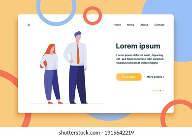 Office man and woman standing holding hands on waist. Office staff posing flat vector illustration. Confident business people, team concept for banner, website design or landing web page