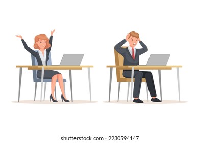 Office Man and Woman in Suit at Desk with Laptop Engaged in Workflow Vector Set