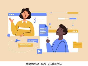 Office Man And Woman Taking Part In Business Communication At Remote Work, Upload And Download Documents. Online Video Conference Calls, Sending Documents, Sharing File, Group Chat, Teamwork Concept. 