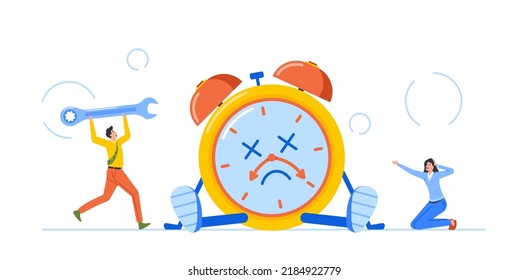 Office Man And Woman With Wrench Repairing Huge Exhausted Clock. Time Is Over Concept. Tiny Male And Female Characters Trying To Fix Broken Alarm Clock. Cartoon People Vector Illustration