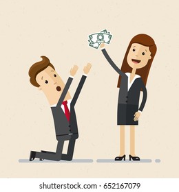 Office man worker ask business woman boss to increase salary. Man in suit kneels  and woman hold money in her hand. Vector, illustration, flat