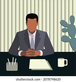 Office man. Office worker sitting at the table. Vector illustration.