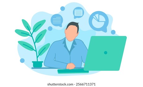Office man working in front of the monitor screen and looking forward. Vector illustration in flat design style