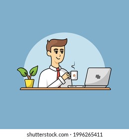 Office man is working on his laptop while enjoying coffee. This vector is suitable as a sticker, logo, icon, food business and other design purposes. vector illustration,